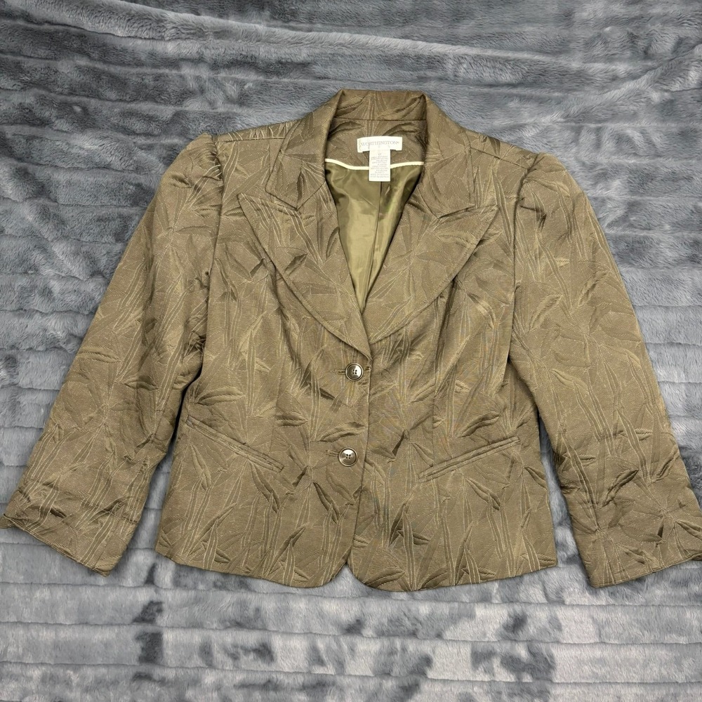 Worthington Womens Olive Green Jacquard Leaf Blazer Jacket Size 12 Textured 8138